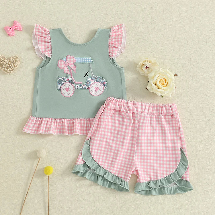 Adorable Infant Girl’s Summer Outfit – Golf Cart Embroidered Flutter Sleeve Top with Plaid Shorts 2-Piece Set