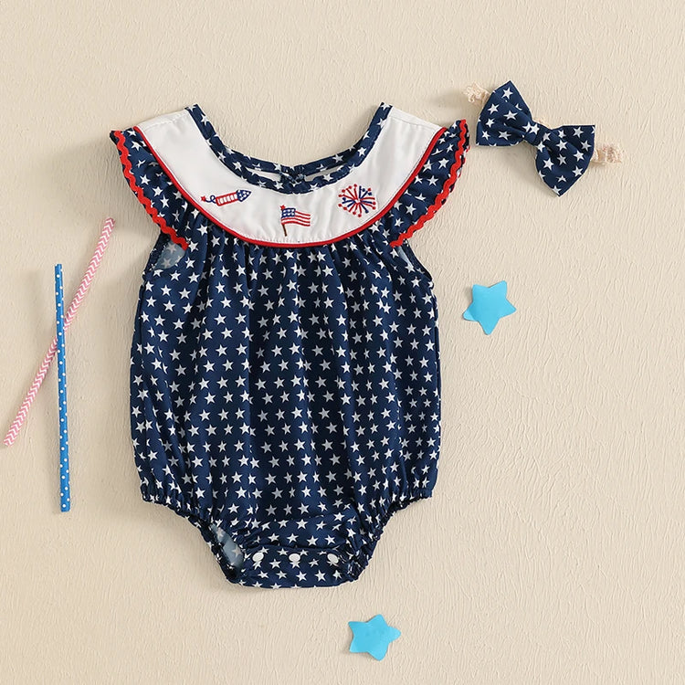Toddler Girls 4th of July Romper – American Flag Print Sleeveless Ruffle Jumpsuit with Headband, 2-Piece Independence Day Outfit