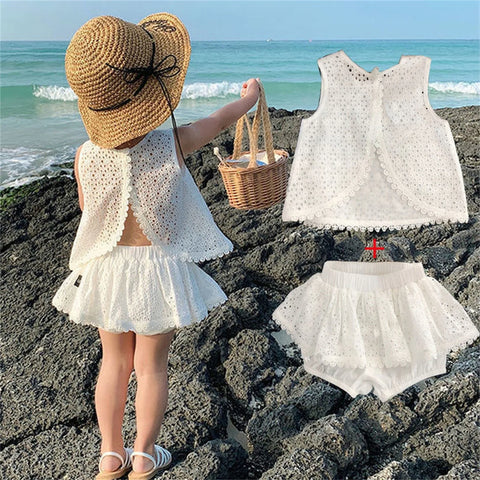 Girls 2025 Summer Clothing Set – Hollow Lace Sleeveless Top & Shorts 2-Piece Outfit for Toddlers – Stylish Cotton Backless Suit for Baby Girls (1–5T)