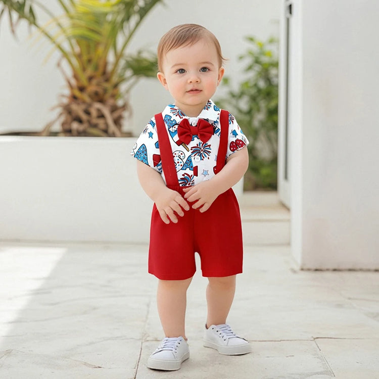Toddler Boys 4th of July Outfit – Short Sleeve Bowtie Romper & Suspender Shorts Set – Independence Day Baby Clothes