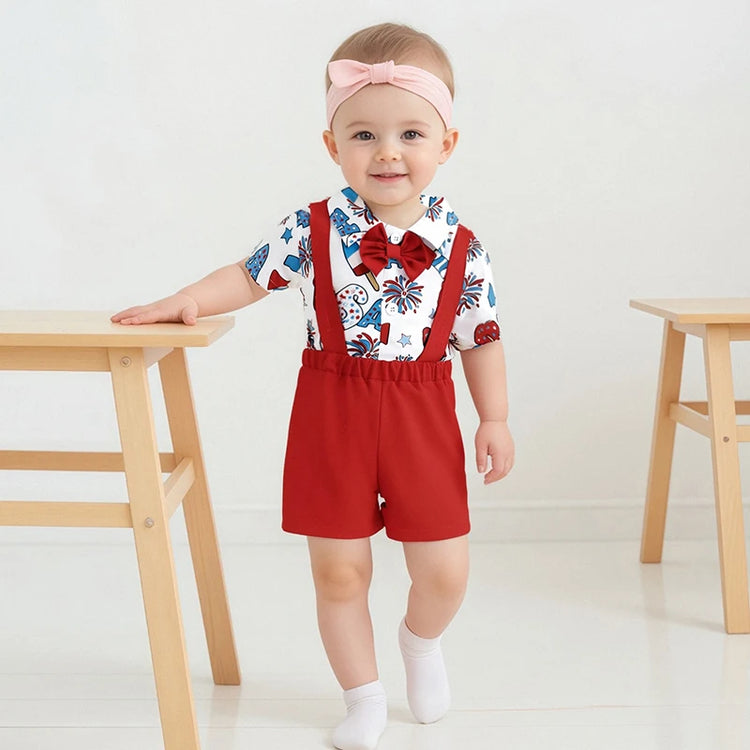 Toddler Boys 4th of July Outfit – Short Sleeve Bowtie Romper & Suspender Shorts Set – Independence Day Baby Clothes
