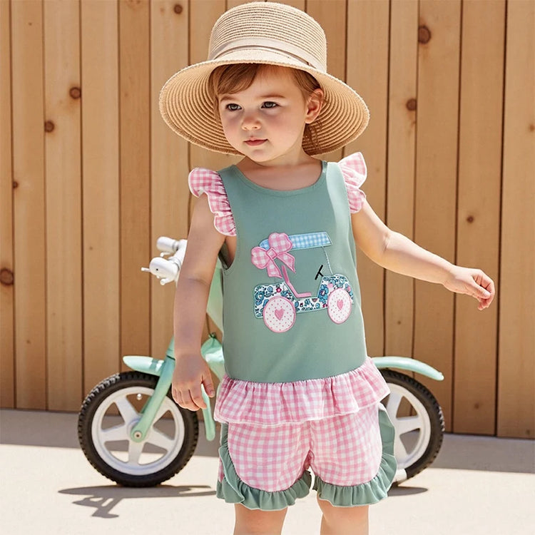 Adorable Infant Girl’s Summer Outfit – Golf Cart Embroidered Flutter Sleeve Top with Plaid Shorts 2-Piece Set