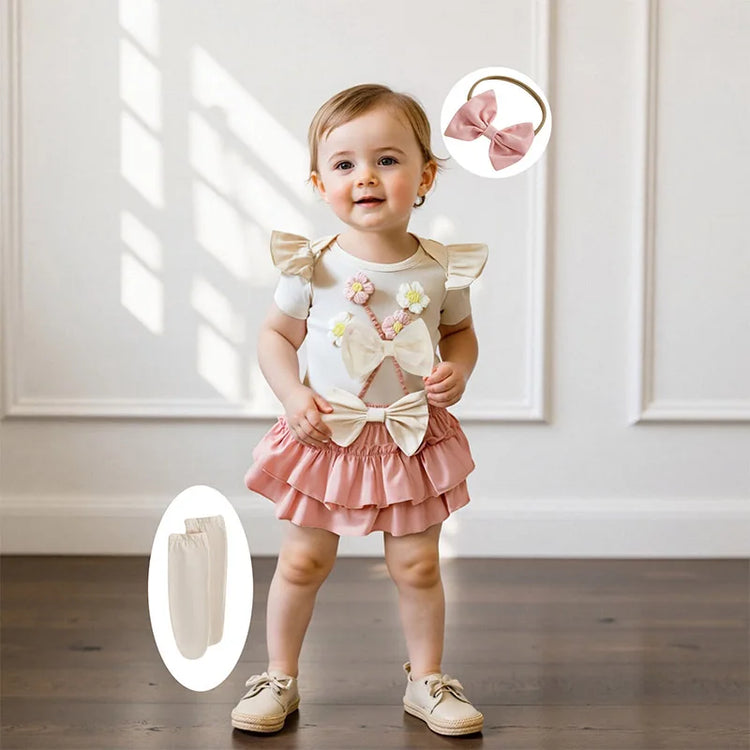 Toddler Girls Floral Print Romper with Ruffle Sleeves, Matching Shorts & Headband – Cute Summer Baby Outfit Set
