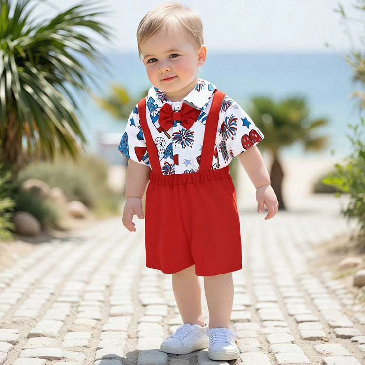 Toddler Boys 4th of July Outfit – Short Sleeve Bowtie Romper & Suspender Shorts Set – Independence Day Baby Clothes