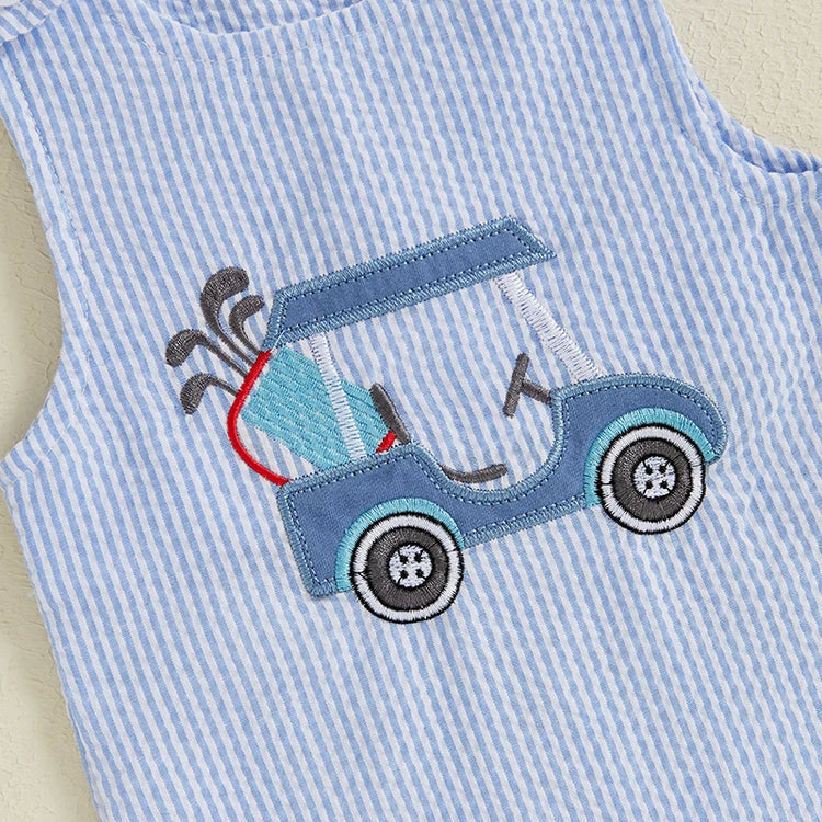 Lioraitiin Baby Boys Sleeveless Romper – Striped Golf Cart Embroidery Summer Jumpsuit for Casual Daily Wear (0-1 Years)