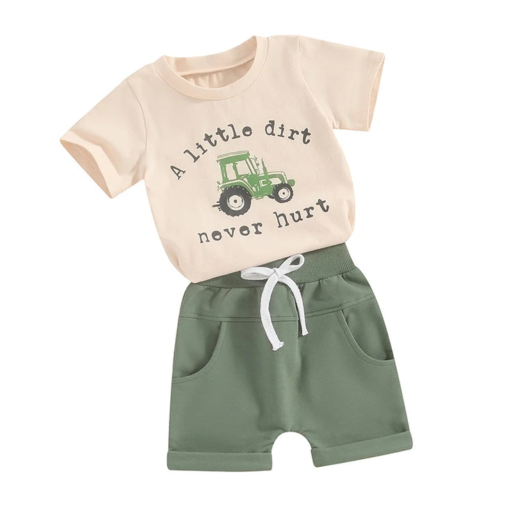 Lioraitiin Toddler Boy Shorts Set – Letter & Tractor Print T-Shirt with Solid Shorts, 2-Piece Summer Outfit