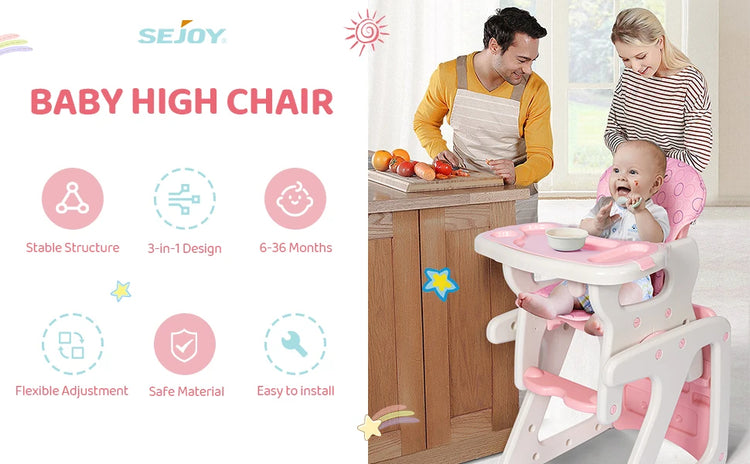 Sejoy 2-in-1 Foldable Baby High Chair with Table & Footrest – ASTM Certified Feeding Chair with Removable Double Tray, Adjustable Backrest & Washable Cushion