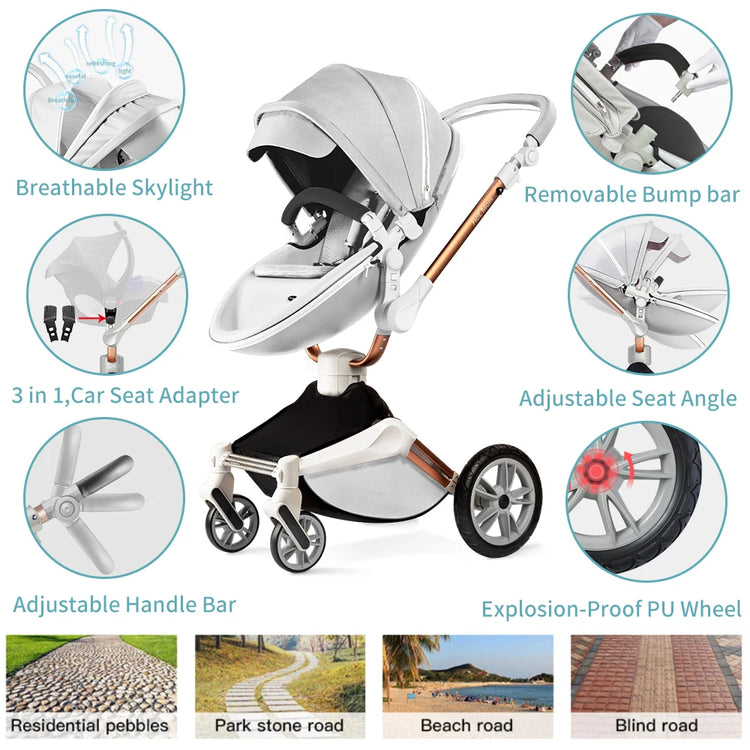 Hot Mom F023 2-in-1 Baby Stroller – 360° Rotating PU Leather Travel System with Bassinet, Rain Cover & Accessories | Foldable Luxury Stroller (0–4 Years)