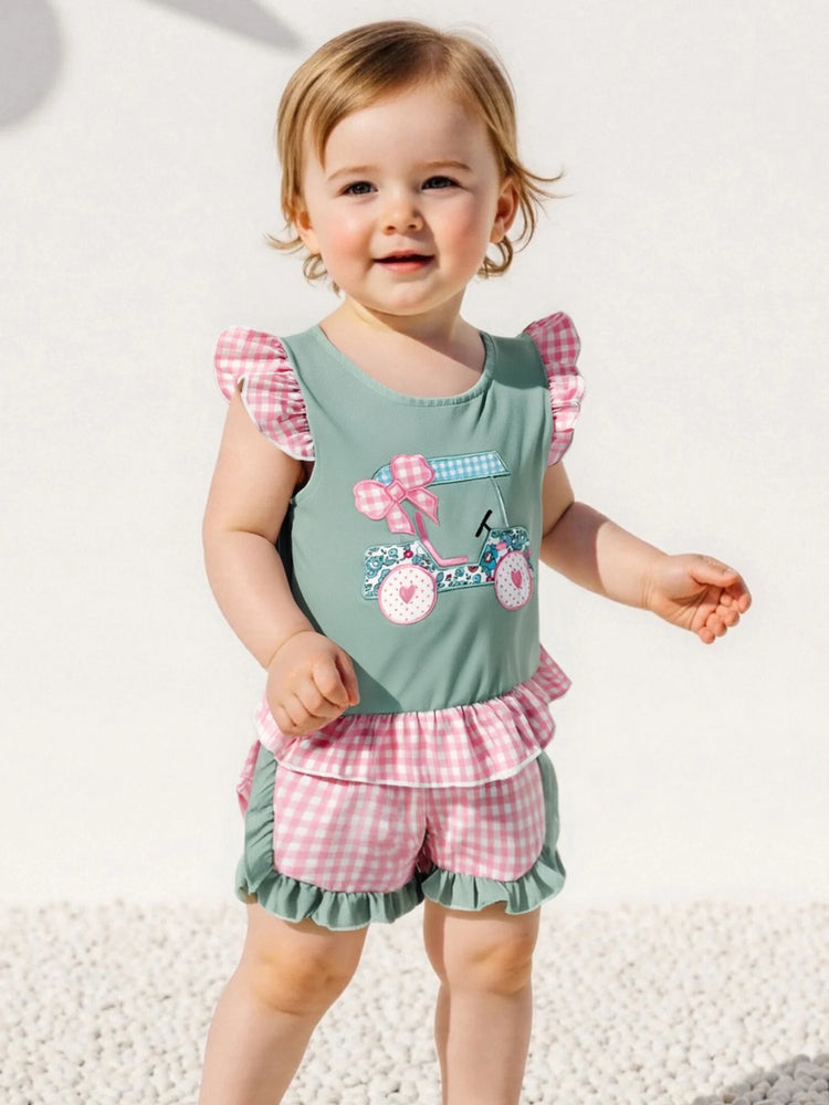 Adorable Infant Girl’s Summer Outfit – Golf Cart Embroidered Flutter Sleeve Top with Plaid Shorts 2-Piece Set