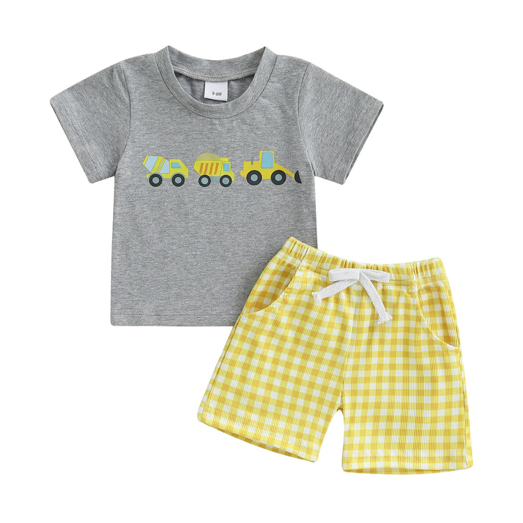 Adorable Infant Boy’s Casual Wear Set – Excavator Print T-Shirt & Plaid Shorts 2-Piece Summer Outfit for Baby & Toddler Boys (0–3 Years)