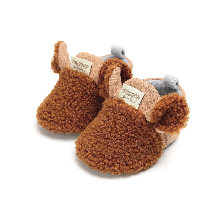 Soft & Cozy Fleece Baby Booties with Bear Design – Anti-Slip Sole Winter Crib Shoes for Newborns