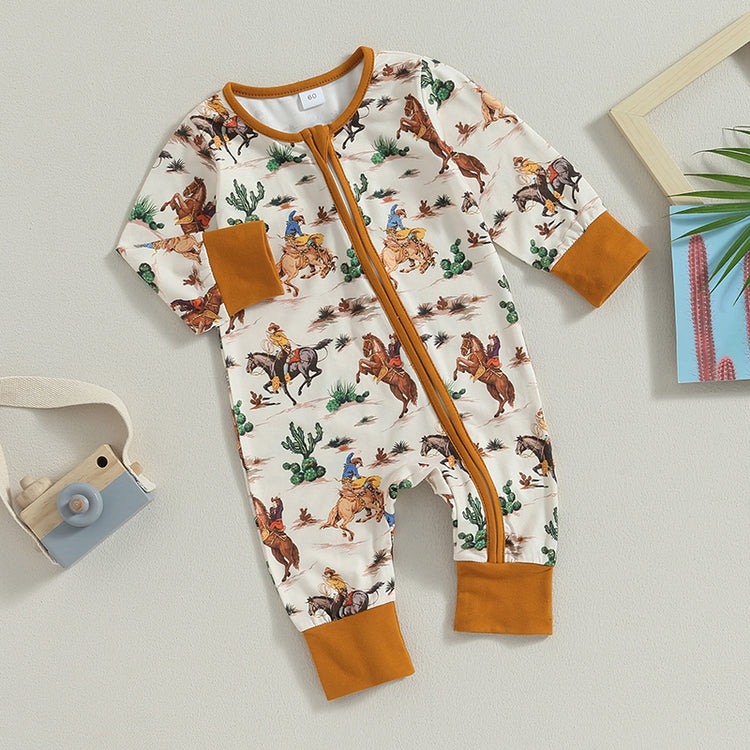 Lioraitiin Infant Baby Boys Jumpsuit – Long Sleeve Cow/Horse Print Zipped Romper for Autumn (0-12M)