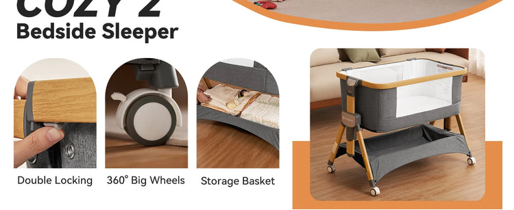 Cozy2 Baby Bedside Bassinet Sleeper Portable Travel Bassinet with Bigger Wheels 3 in 1 Bassinet Crib with Mattress, Storage Bask