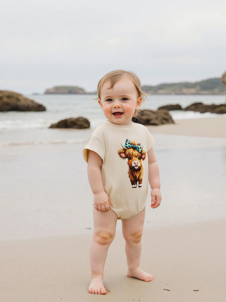 Baby Girl Highland Cow Romper – Soft Cotton Summer Bodysuit | Lioraitiin