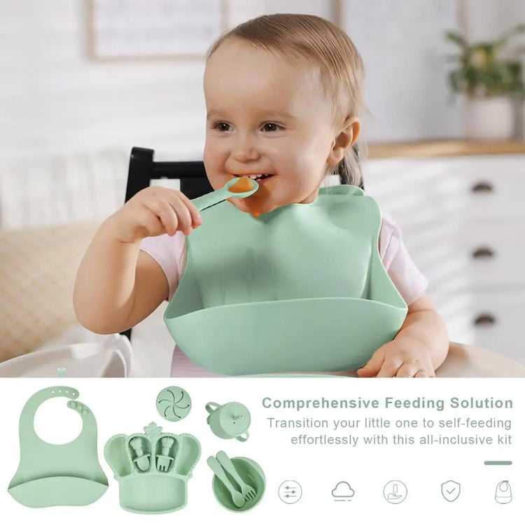 9Pcs Silicone Baby Feeding Set – Suction Bowl, Divided Plate, Bib, Fruit Feeder, Spoons, Forks, Sippy Cup & Utensils – BPA-Free Tableware Gift for Newborns & Toddlers