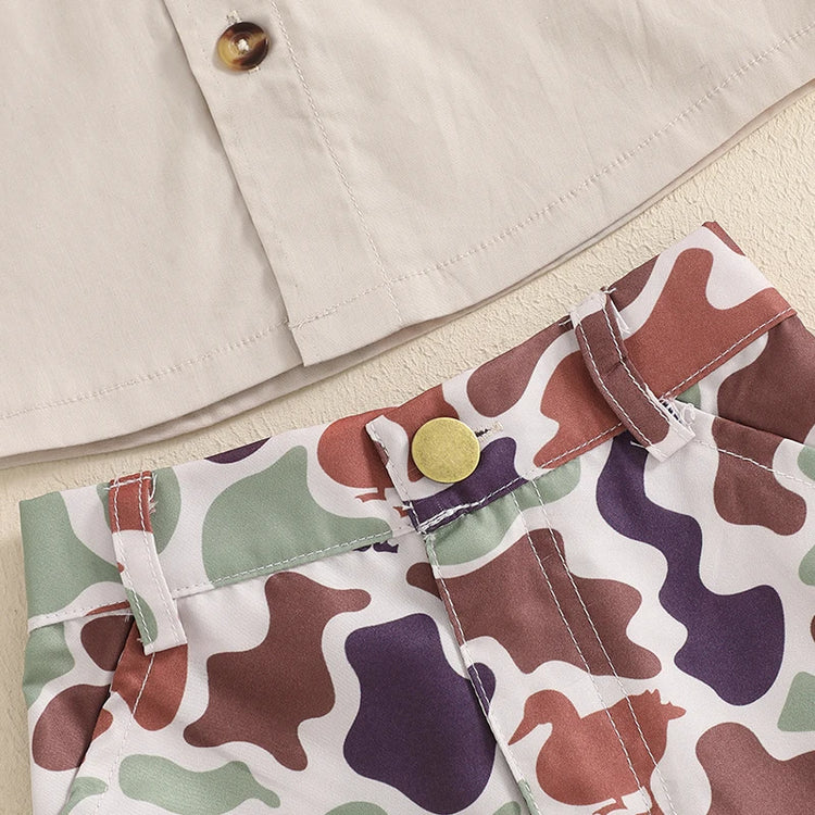 Infant Boy’s Summer Camo Print Short Sleeve Shirt & Shorts Set with Button-Down Collar – 2 Piece Outfit