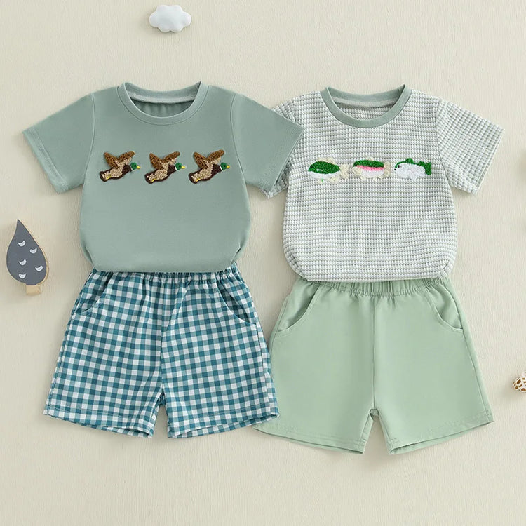 Infant Boy Summer Outfit – Cute Animal Embroidery Short Sleeve T-shirt & Plaid Shorts 2-Piece Set