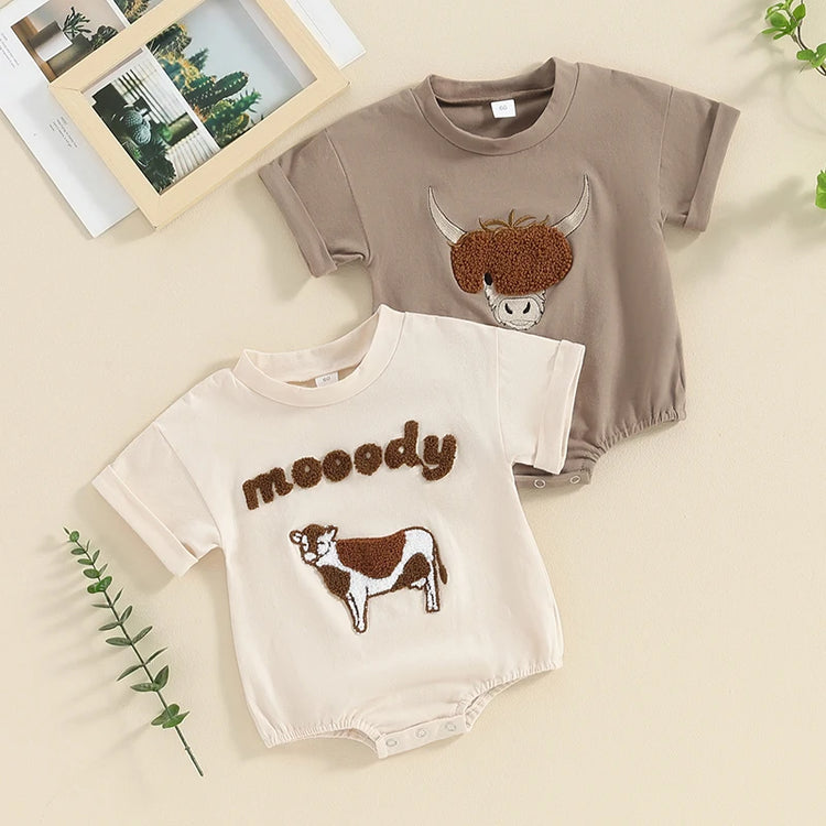 Lioraitiin 0–18M Baby Boy Girl Romper – Round Neck Cow Embroidery Short Sleeve Jumpsuit, Infant Summer Outfit