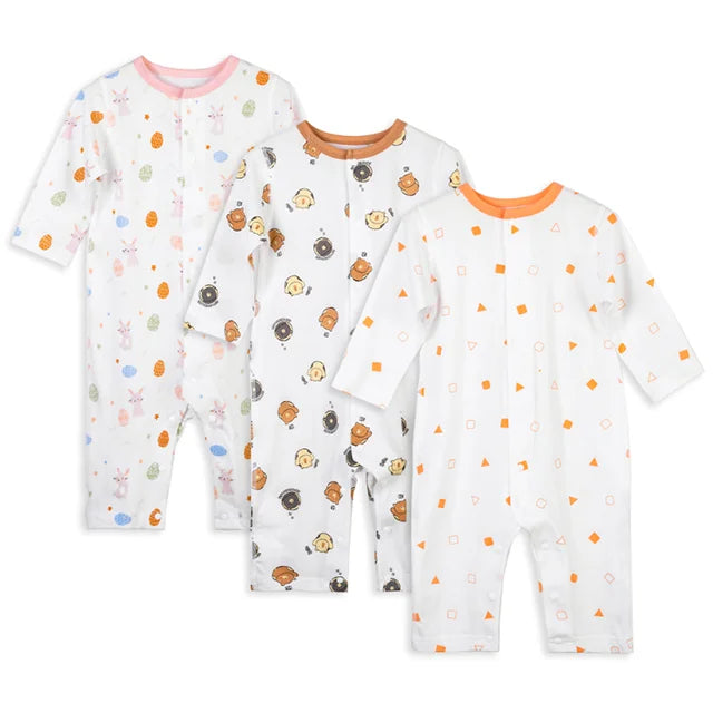 MICHLEY 3pcs Baby Short-Sleeve Rompers & Long-Sleeve Jumpsuit Bodysuit – Soft White Cartoon Infant Clothes Overalls for Boys & Girls