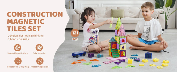 Magnetic Building Blocks Set – 121PCS Magnetic Tiles with Car Bases & Numbers, Construction Puzzle Toys for Kids, Montessori STEM Gifts for Boys & Girls Ages 3+