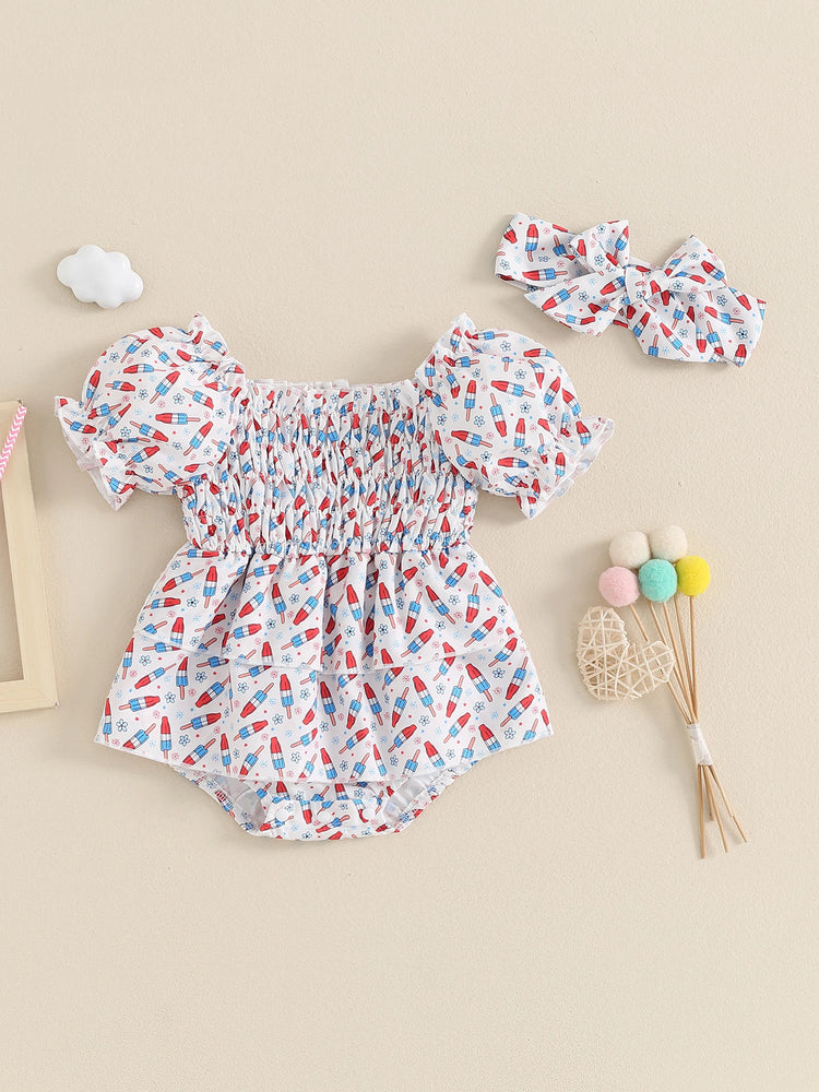Baby Girl Summer Romper – Sleeveless Watermelon Print Jumpsuit with Bow Headband – Infant Beach Outfit for 4th of July