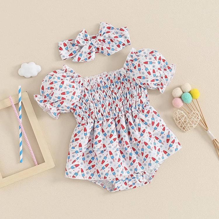 Baby Girl Summer Romper – Sleeveless Watermelon Print Jumpsuit with Bow Headband – Infant Beach Outfit for 4th of July