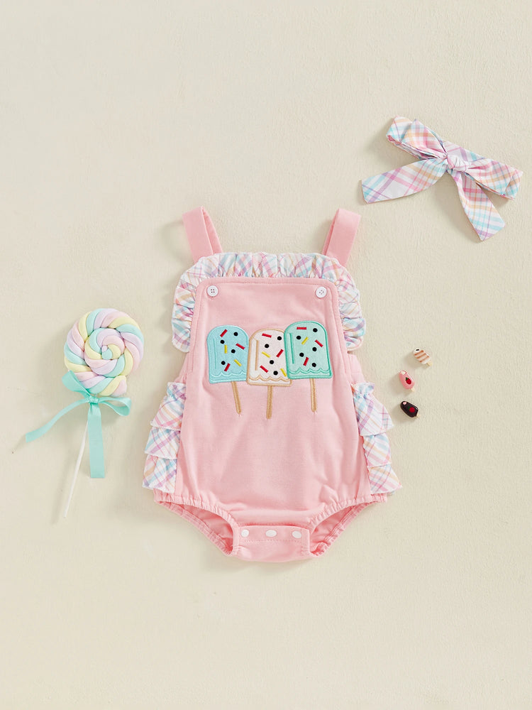 Toddler Girl Summer Watermelon Print Romper with Ruffles & Matching Headband — Sleeveless Jumpsuit Outfit Set