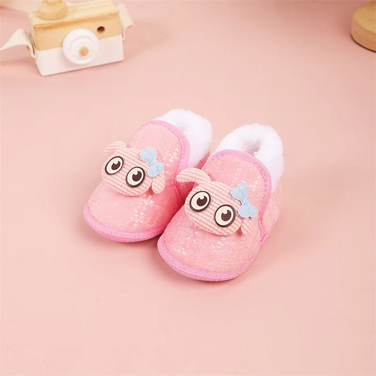 Adorable Baby Girls Plush Shoes with Cute Cartoon Design Big Eyes Warm Fleece Lining Non-Slip Sole for First Steps