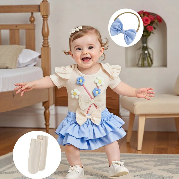 Toddler Girls Floral Print Romper with Ruffle Sleeves, Matching Shorts & Headband – Cute Summer Baby Outfit Set