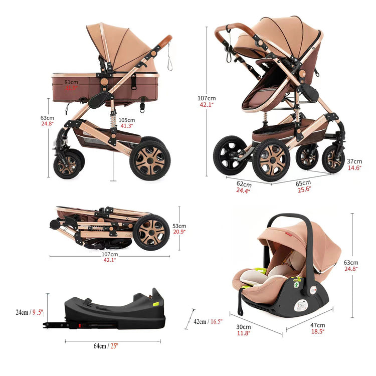Luxury 3-in-1 Baby Stroller Travel System – Foldable Aluminum Frame with Reversible Seat, Portable Bassinet & Carrier | 0–36 Months
