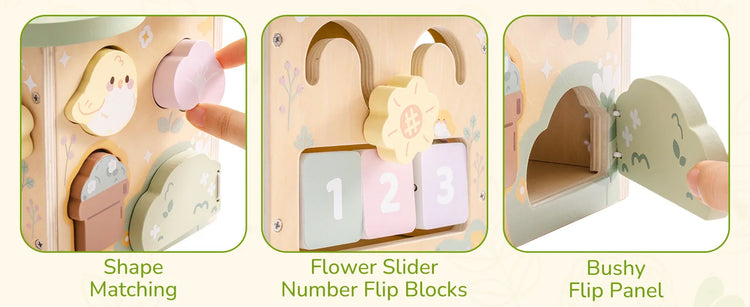 ROBOTIME Wooden Activity Cube Educational Wooden Toys with 7 Functional Areas Flower Bush Theme Montessori Toys for Toddlers