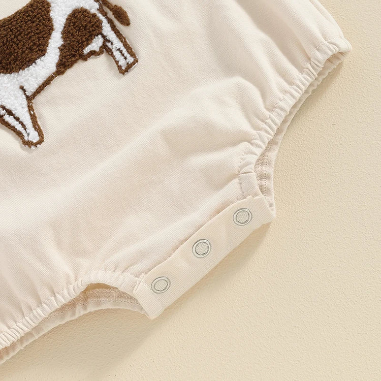 Lioraitiin 0–18M Baby Boy Girl Romper – Round Neck Cow Embroidery Short Sleeve Jumpsuit, Infant Summer Outfit