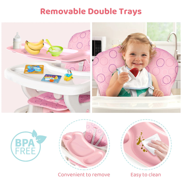 Foldable 2-in-1 Baby High Chair with Table & Footrest – ASTM & CPC Certified Feeding Seat with Removable Double Tray, Adjustable Backrest & Washable Cushion