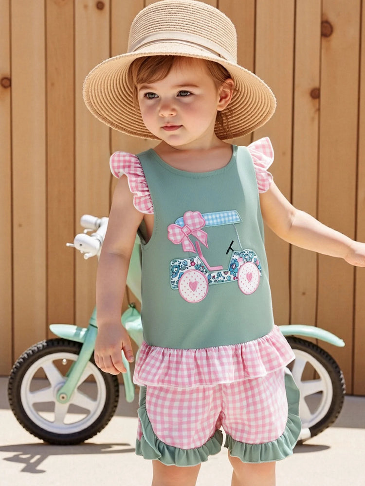 Adorable Infant Girl’s Summer Outfit – Golf Cart Embroidered Flutter Sleeve Top with Plaid Shorts 2-Piece Set