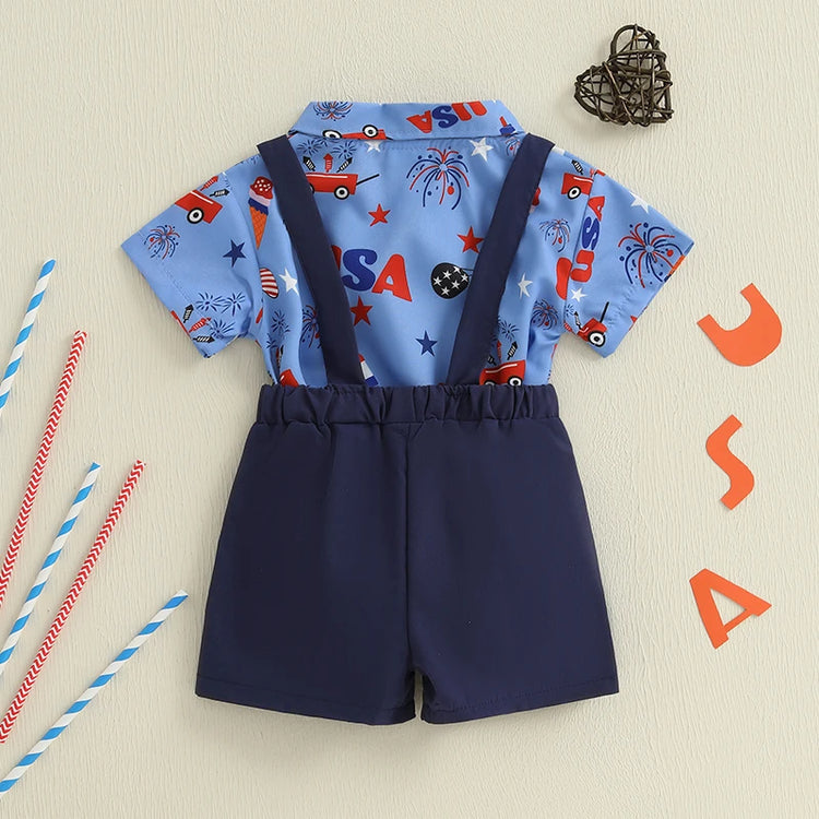 Toddler Boys 4th of July Outfit – Short Sleeve Bowtie Romper & Suspender Shorts Set – Independence Day Baby Clothes