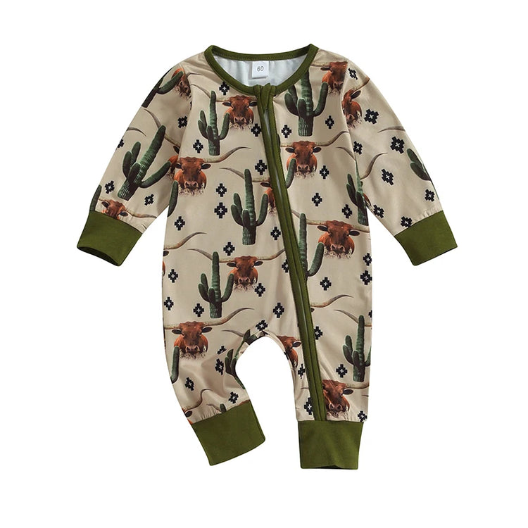 Lioraitiin Infant Baby Boys Jumpsuit – Long Sleeve Cow/Horse Print Zipped Romper for Autumn (0-12M)