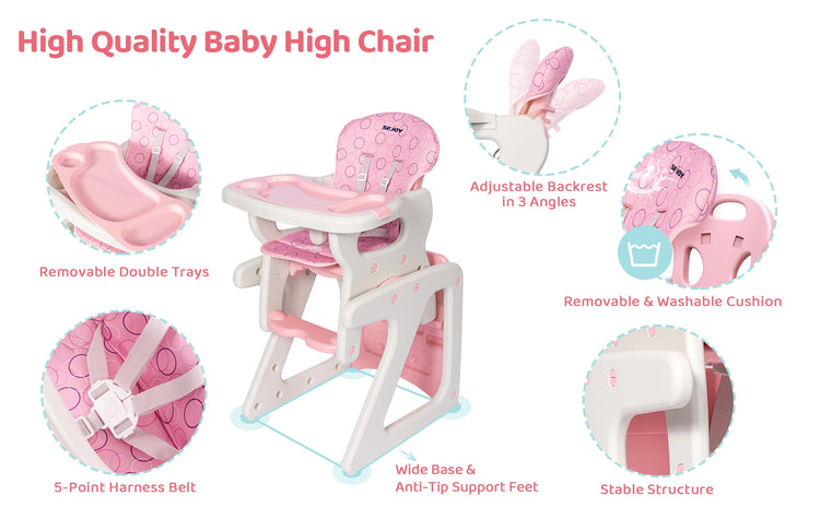 Sejoy 2-in-1 Foldable Baby High Chair with Table & Footrest – ASTM Certified Feeding Chair with Removable Double Tray, Adjustable Backrest & Washable Cushion