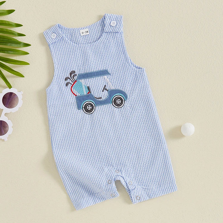 Lioraitiin Baby Boys Sleeveless Romper – Striped Golf Cart Embroidery Summer Jumpsuit for Casual Daily Wear (0-1 Years)