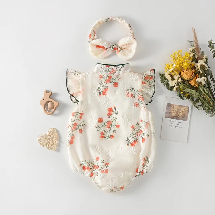 Toddler Girls Traditional Chinese Dress Set — Embroidered Floral Romper with Matching Headband, Summer Outfit