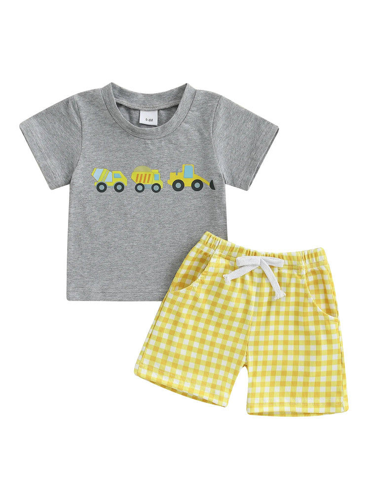 Adorable Infant Boy’s Casual Wear Set – Excavator Print T-Shirt & Plaid Shorts 2-Piece Summer Outfit for Baby & Toddler Boys (0–3 Years)