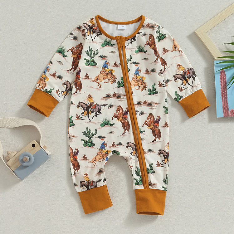 Lioraitiin Infant Baby Boys Jumpsuit – Long Sleeve Cow/Horse Print Zipped Romper for Autumn (0-12M)