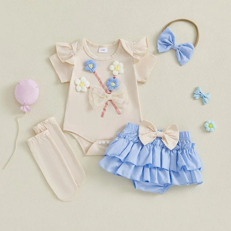 Toddler Girls Floral Print Romper with Ruffle Sleeves, Matching Shorts & Headband – Cute Summer Baby Outfit Set