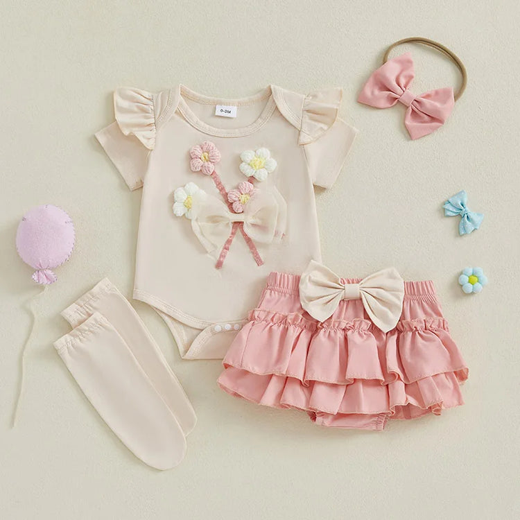 Toddler Girls Floral Print Romper with Ruffle Sleeves, Matching Shorts & Headband – Cute Summer Baby Outfit Set