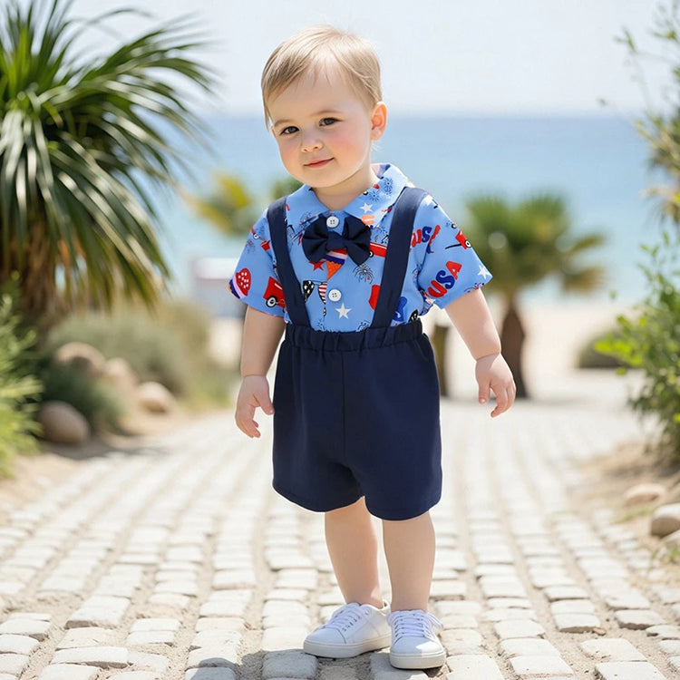 Toddler Boys 4th of July Outfit – Short Sleeve Bowtie Romper & Suspender Shorts Set – Independence Day Baby Clothes