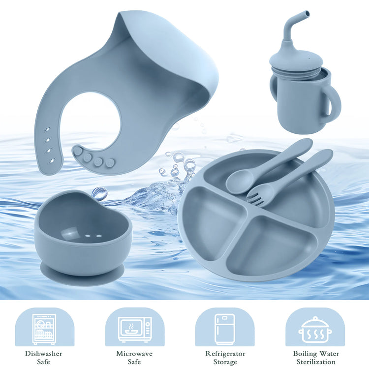 6 Pieces Silicone Baby Feeding Set Baby Plates and Bowls Set with Adjustable Bib Suction Bowl Suction Divided Plate Straw Cup