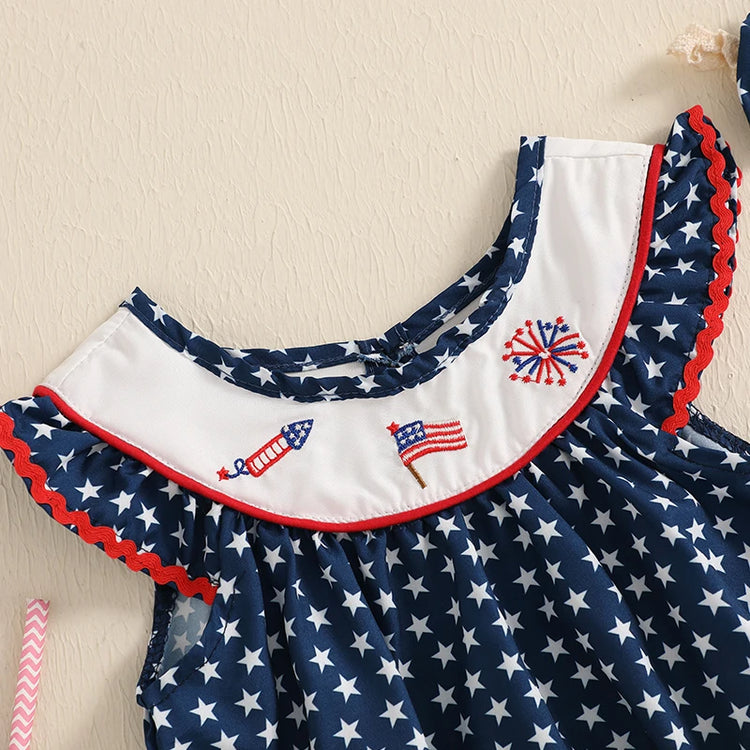 Toddler Girls 4th of July Romper – American Flag Print Sleeveless Ruffle Jumpsuit with Headband, 2-Piece Independence Day Outfit