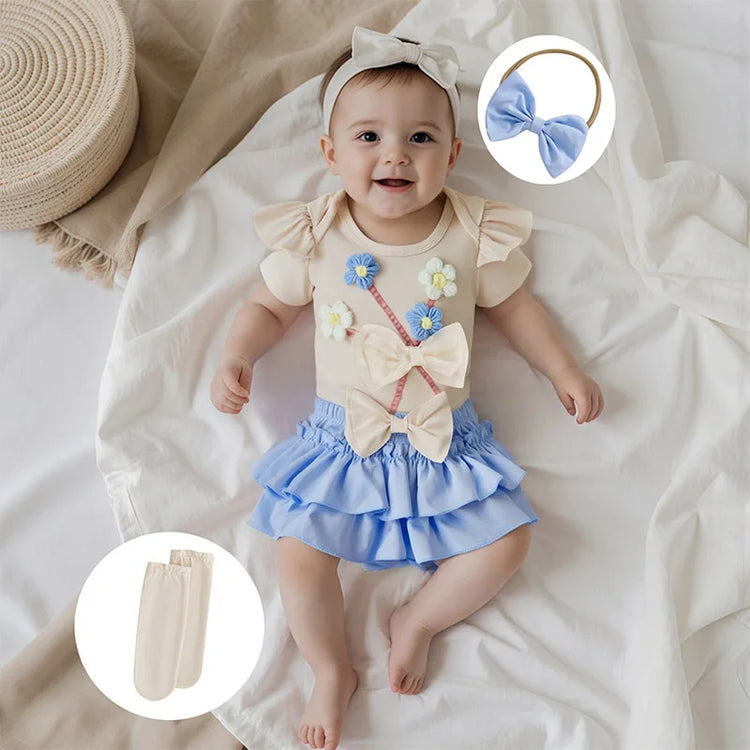 Toddler Girls Floral Print Romper with Ruffle Sleeves, Matching Shorts & Headband – Cute Summer Baby Outfit Set