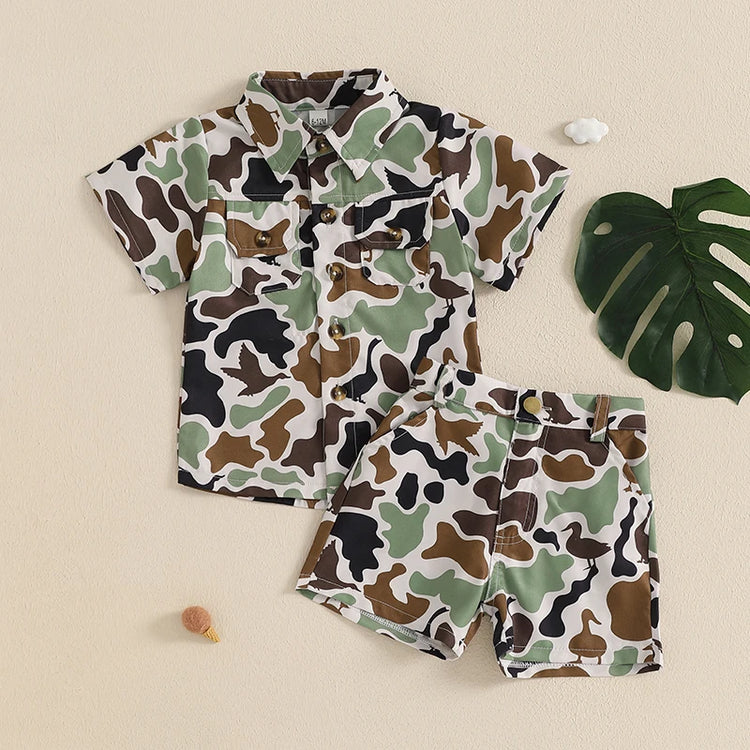 Infant Boy’s Summer Camo Print Short Sleeve Shirt & Shorts Set with Button-Down Collar – 2 Piece Outfit