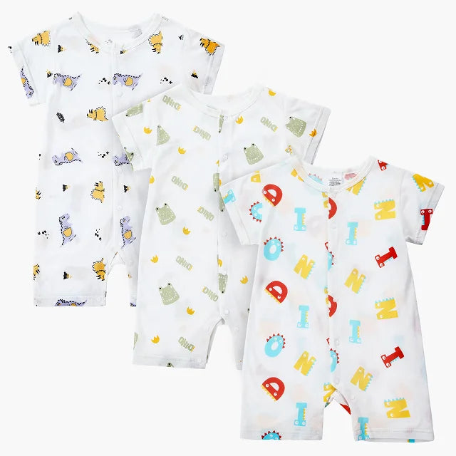 MICHLEY 3pcs Baby Short-Sleeve Rompers & Long-Sleeve Jumpsuit Bodysuit – Soft White Cartoon Infant Clothes Overalls for Boys & Girls