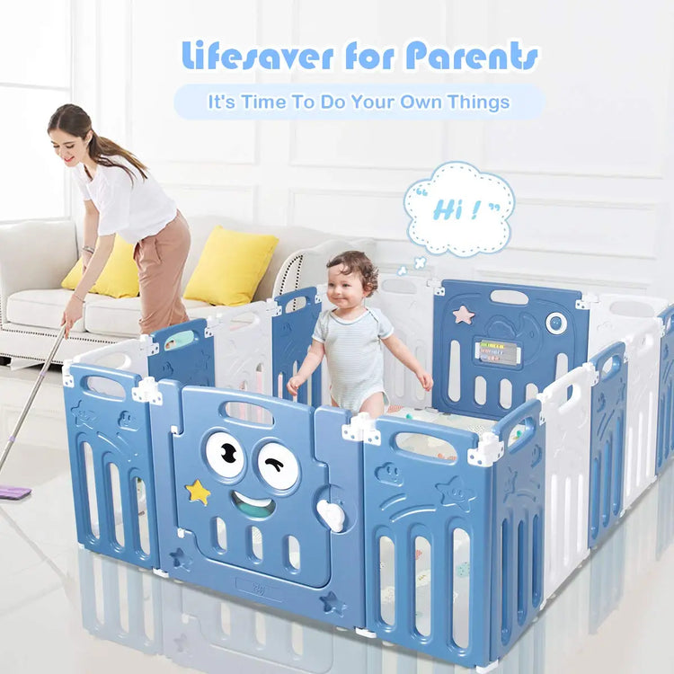 Foldable Playpen, 16-Panel Play Yard With Lock Door & Anti-Slip Rubber Bases, Indoor Outdoor Safety Fence, Adjustable Shape for